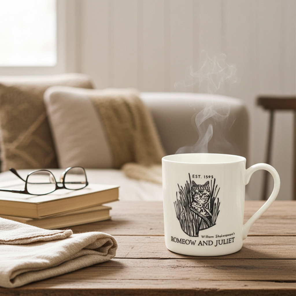 Steaming mug with a cat illustration and text on a wooden table, with books and glasses in the background.