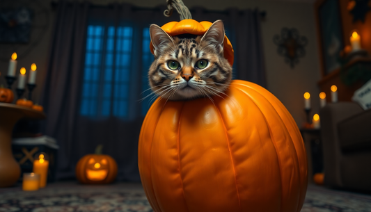 a tabby cat dressing a pumpkin costume for halloween