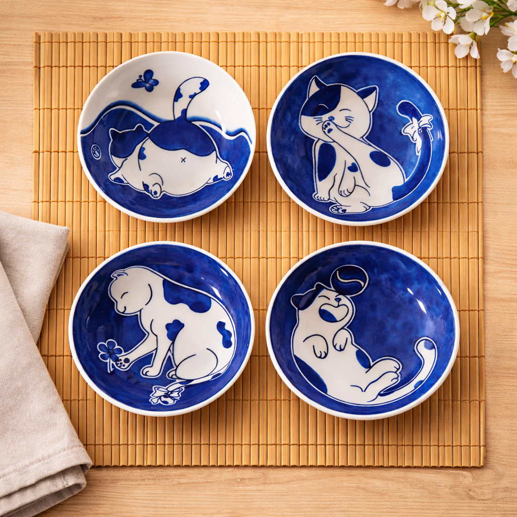 Kawaii Cat Small Ceramic Bowls – Set of 4
