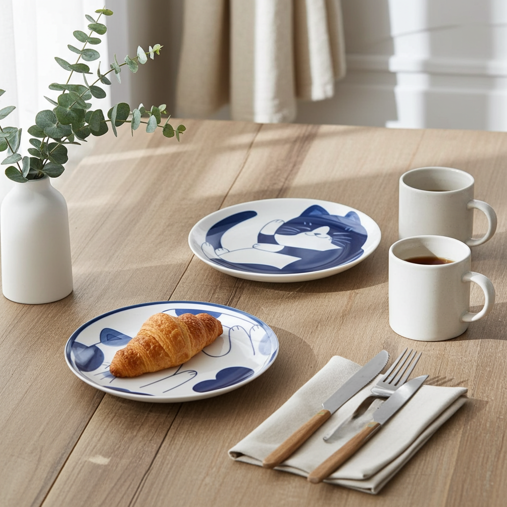 Table setting with croissants, plates, cups, and cutlery on a wooden table.