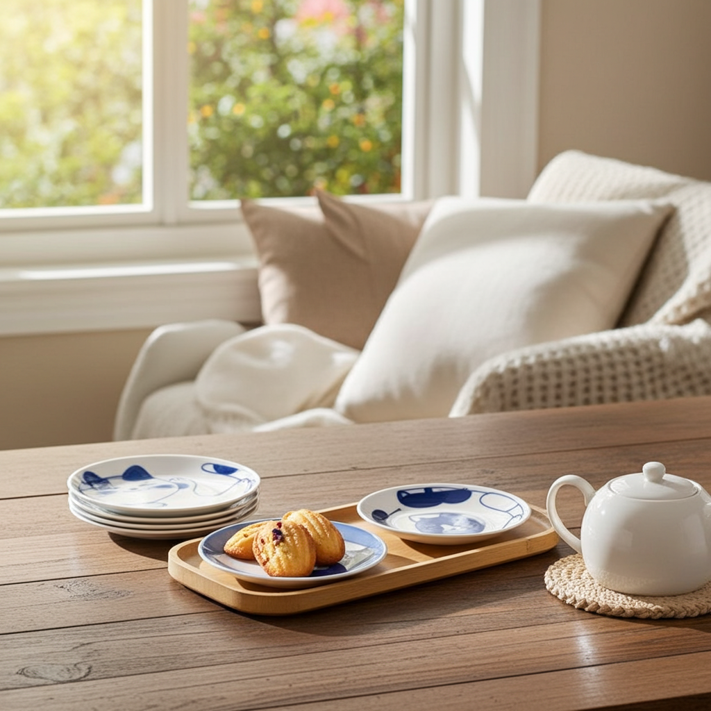 Tea set on a wooden table with a couch and window in the background