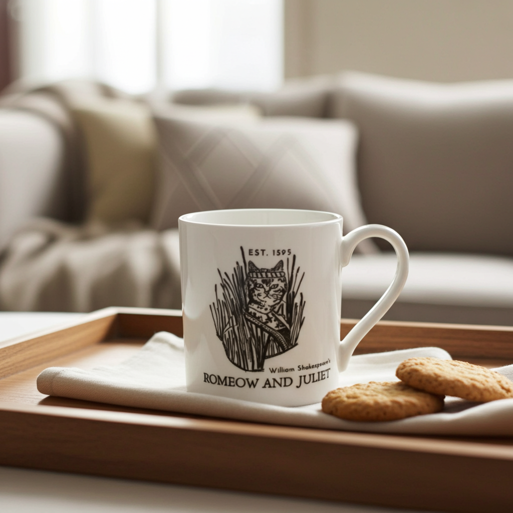 White mug with a design and text on a wooden tray with cookies, placed on a couch.