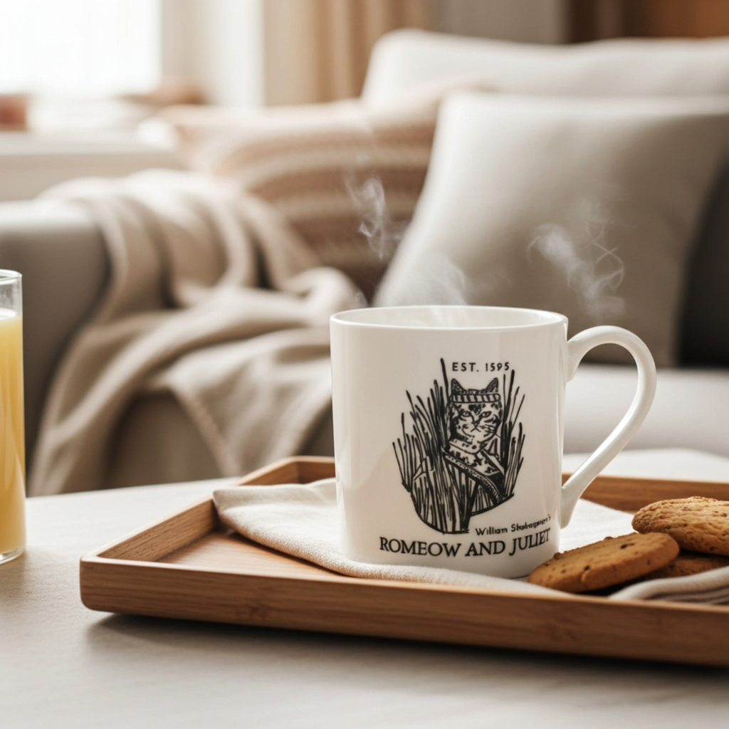 White mug with a cat illustration and text on a wooden tray with cookies and juice, set against a cozy living room background.