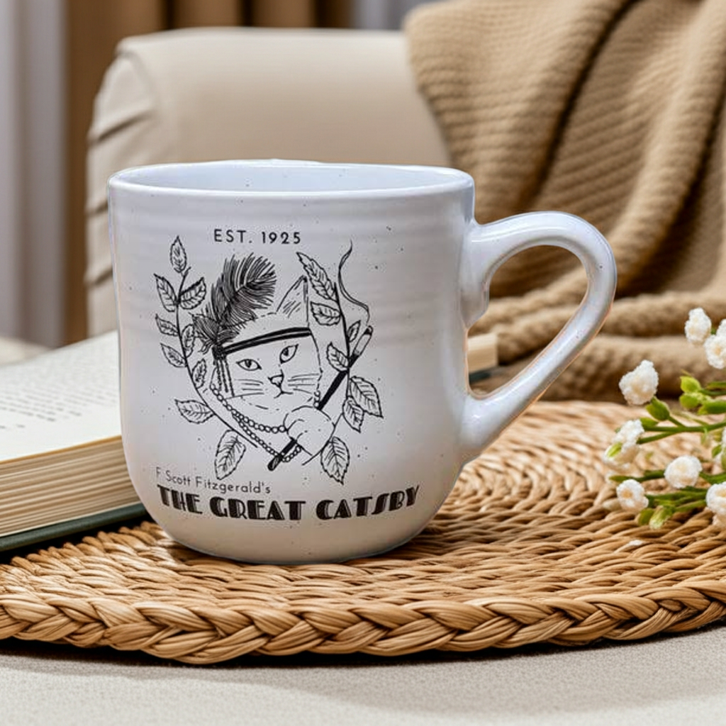White mug with black cat illustration and 'The Great Gatsby' text on a woven mat with a book and flowers.
