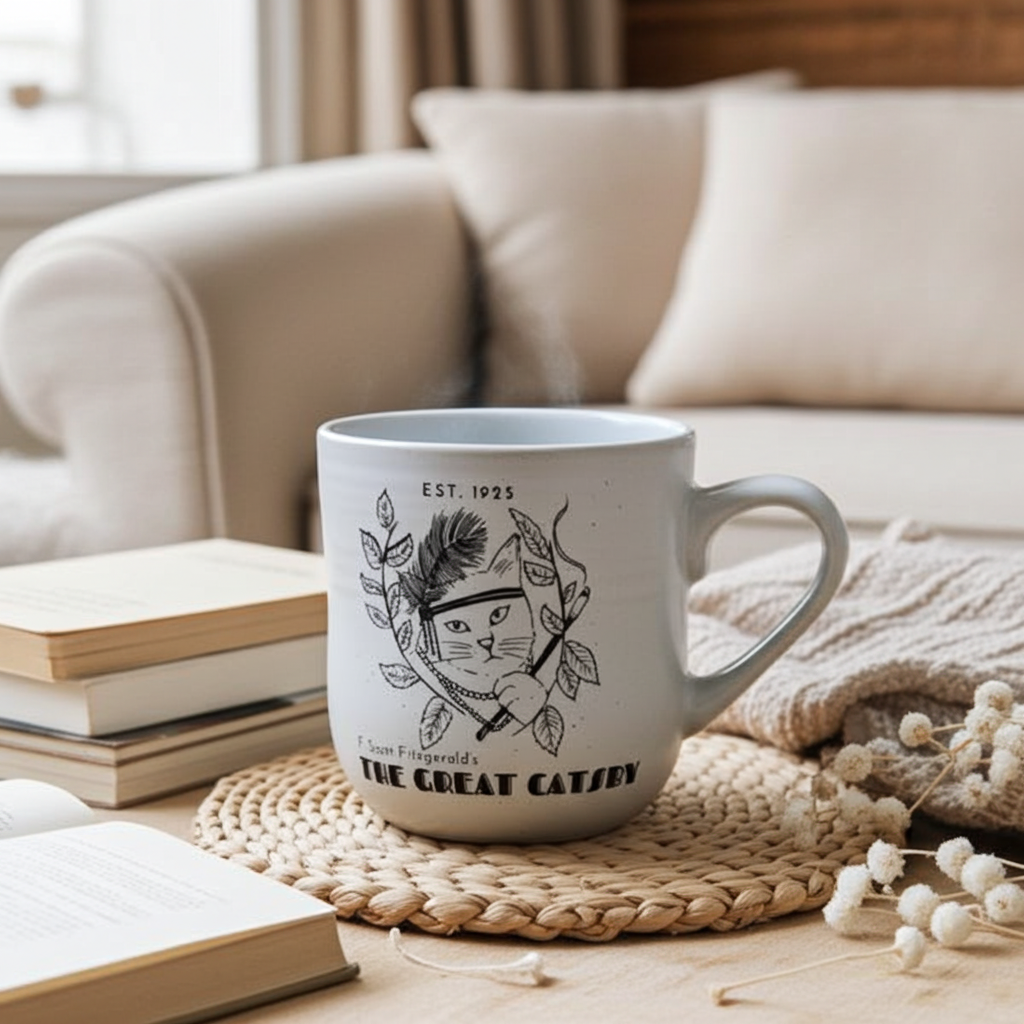 White mug with black cat design on a woven coaster, books, and a blanket in the background