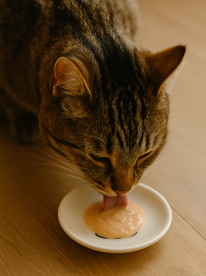 Cat licking a treat from a small white dish on a wooden surface