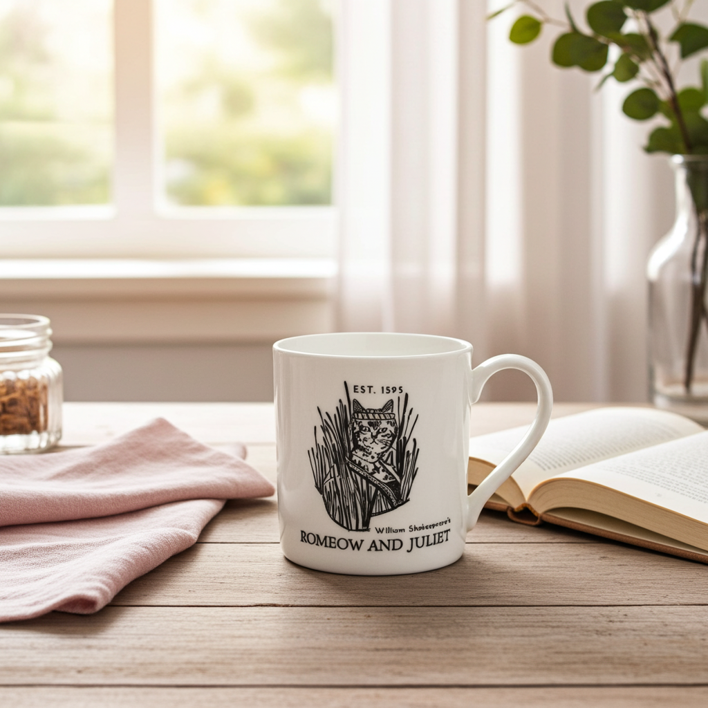 White mug with text and design on a wooden table with a book and plant in the background