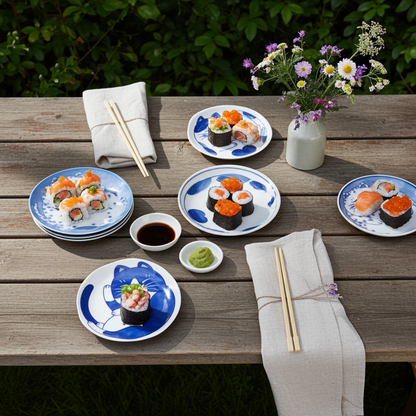 Sushi plates with chopsticks and wasabi on a wooden table outdoors.