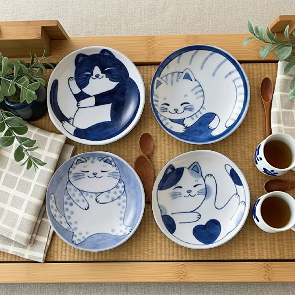 Set of four ceramic plates with cat designs on a wooden tray.