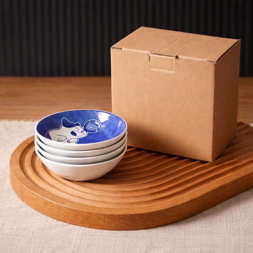 Set of ceramic bowls with blue interior and white exterior on a wooden tray next to a cardboard box.