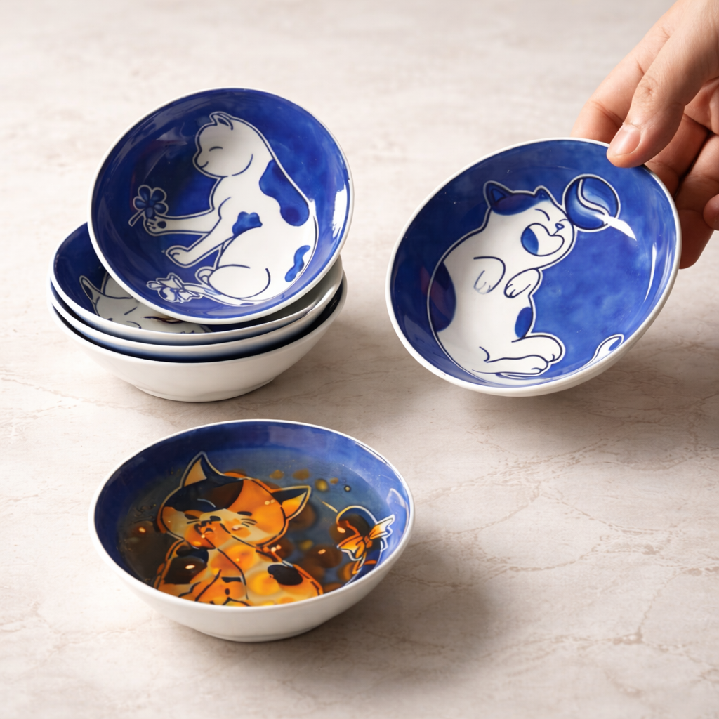 Set of ceramic bowls with cat illustrations on a light surface